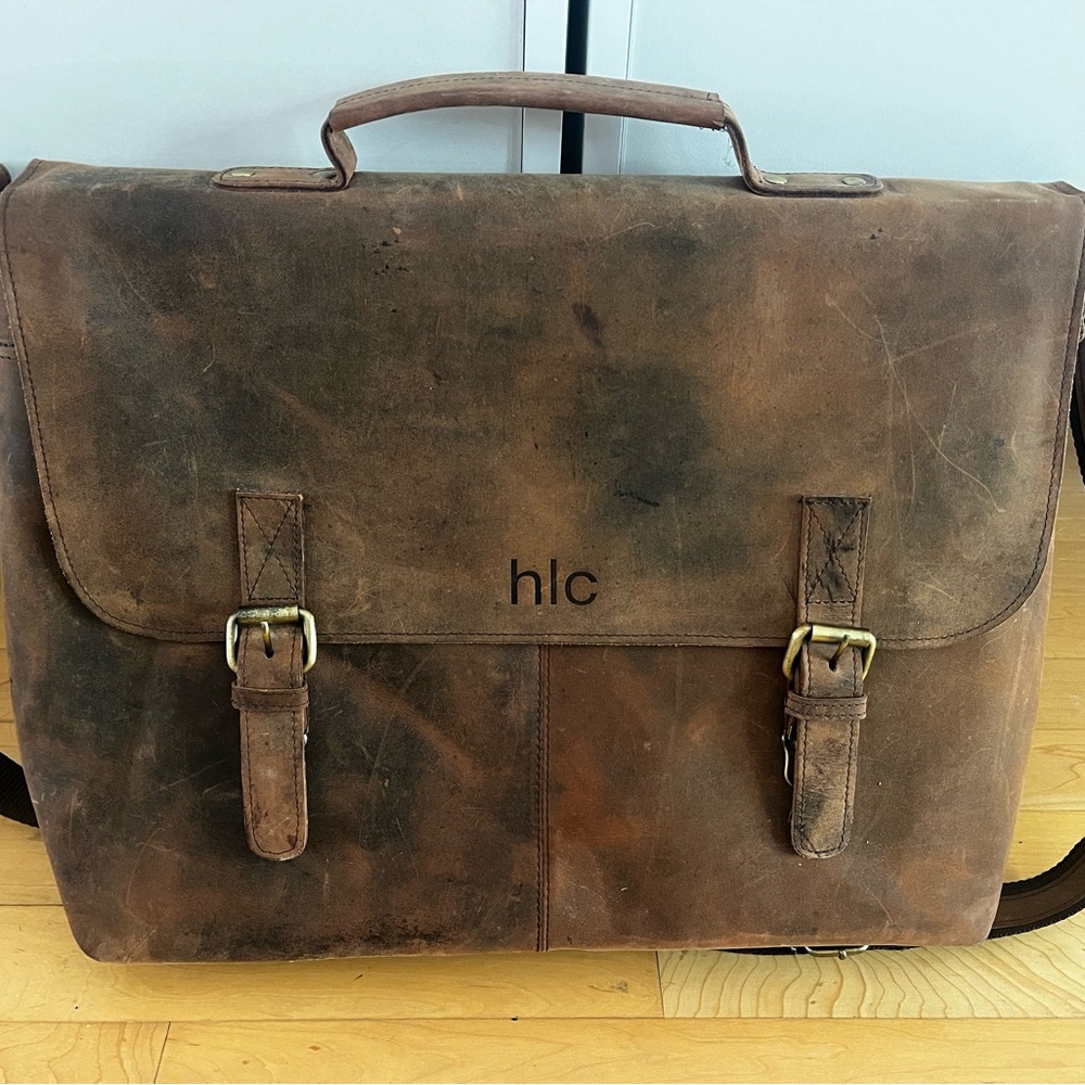 MENS CRAZY HORSE LEATHER SHOULDER MESSENGER LAPTOP BAG - Picture 11 of 16